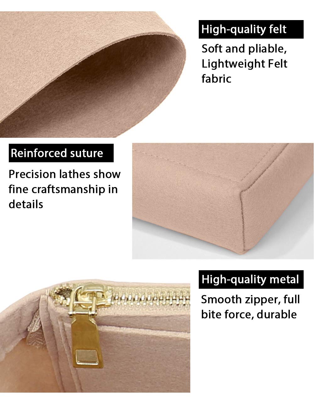 LEXSION Felt Insert Purse Organizer with Zipper,Small Handbag Tote Shaper Insert for GG Marmont Matelasse Shoulder Bag(Pack of 2)-Small 8030 Beige