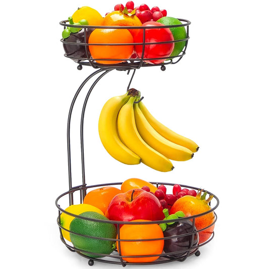 Auledio Iron 2-Tier Countertop Fruit Vegetables Basket Bowl Storage With Banana Hanger, Black, 64 ounces