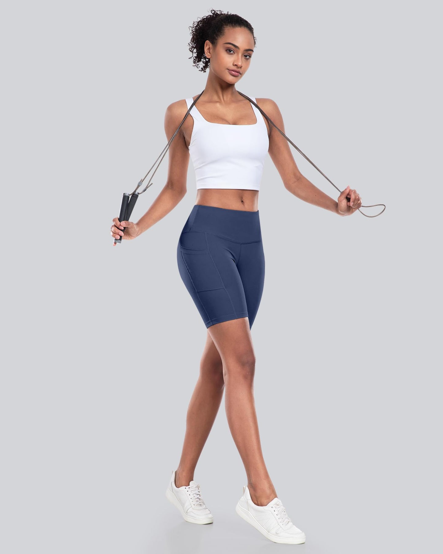 CHRLEISURE Womens Biker Yoga Shorts with Pockets: High Waisted Tummy Control Spandex Workout Athletic Gym Shorts 4 Packs(8'' Black,Gray,Navy,Wine, L)