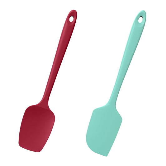 Doosu Silicone Scraper Spoon Spatulas, 600°F Heat Resistant BPA Free Rubber Flat Spatula, Kitchen Mixing Stirring Cooking Spoonula, Non-Stick Dishwasher Safe Baking Supplies (2 Pcs, Aqua+Red)