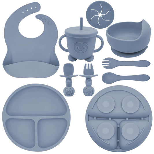 Munlinder Silicone Baby Feeding Set | Baby Led Weaning Supplies Includes Suction Bowls and Divided Plates, Adjustable Bib, Baby Utensils Spoons and Forks,Cup | Baby Feeding Essentials (Blue Gray)