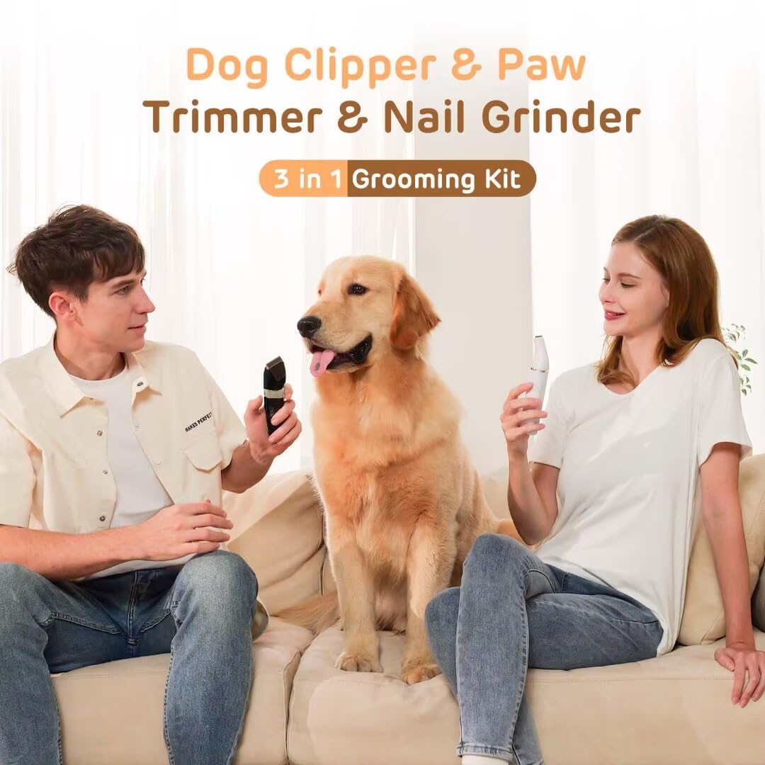 HEAPETS Dog Hair Clippers for Grooming Kit and Dog Paw Trimmer Nail Grinder for Grooming, Low Noise Rechargeable Cordless, Shaver Grooming Supplies for Pet Cats Dogs (Black, White)