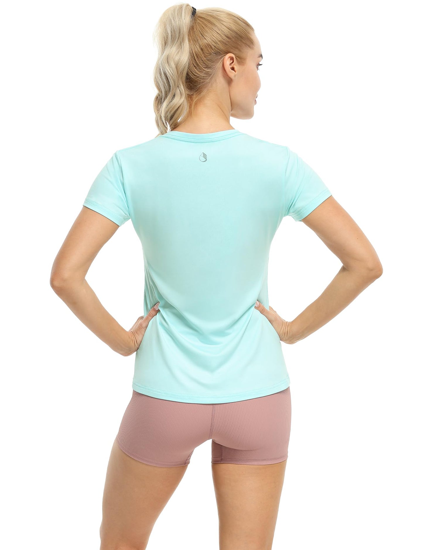 icyzone Workout Shirts Yoga Tops Activewear V-Neck T-Shirts for Women Running Fitness Sports Short Sleeve Tees (Dark Grey/True Navy/Aqua, S)