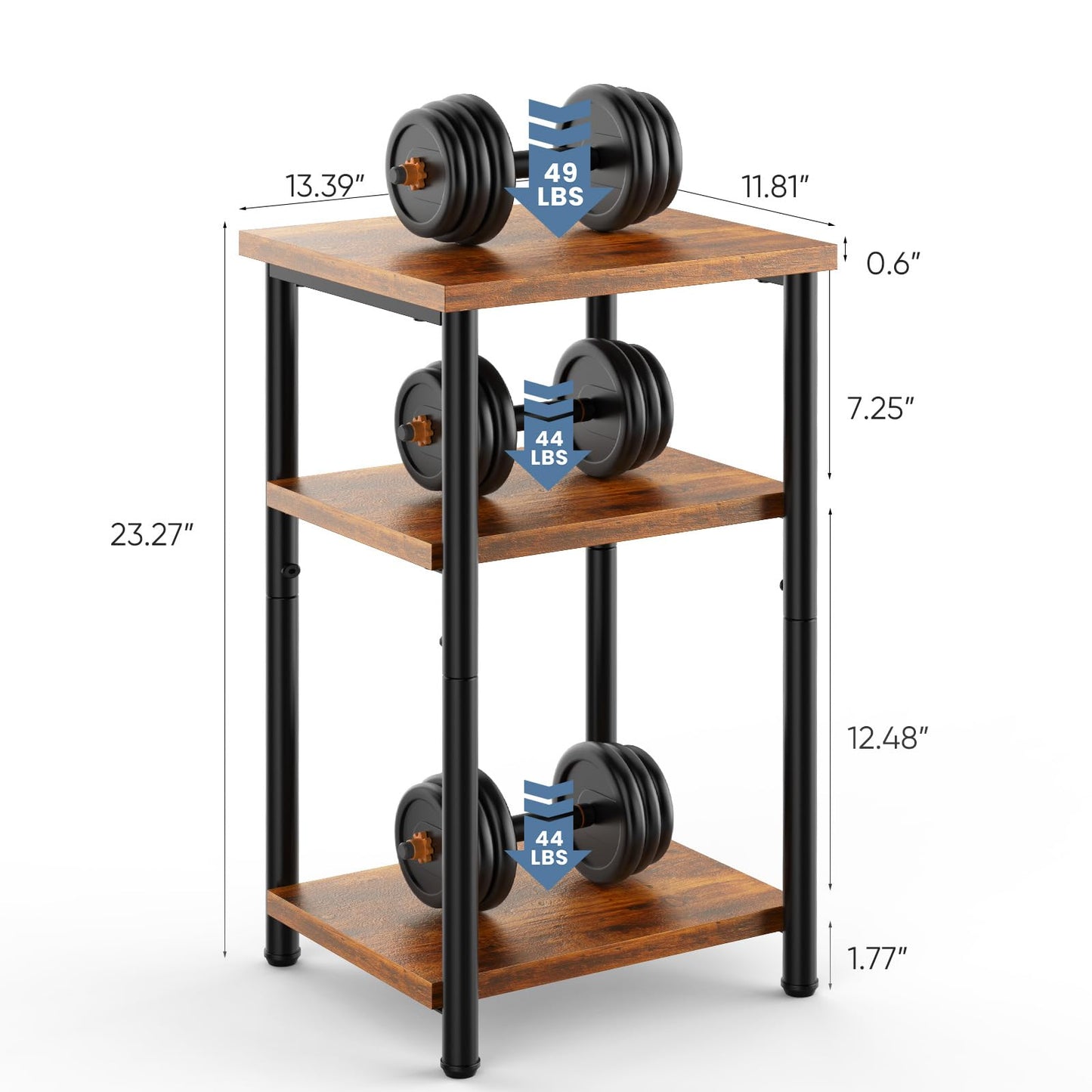 DUMOS End Table, 3 Tier Side Sofa Tables for Small Space, Storage Shelf, Nightstand with Adjustable Feet for Living Room, Bedroom, Office, Set of 1, Rustic Brown