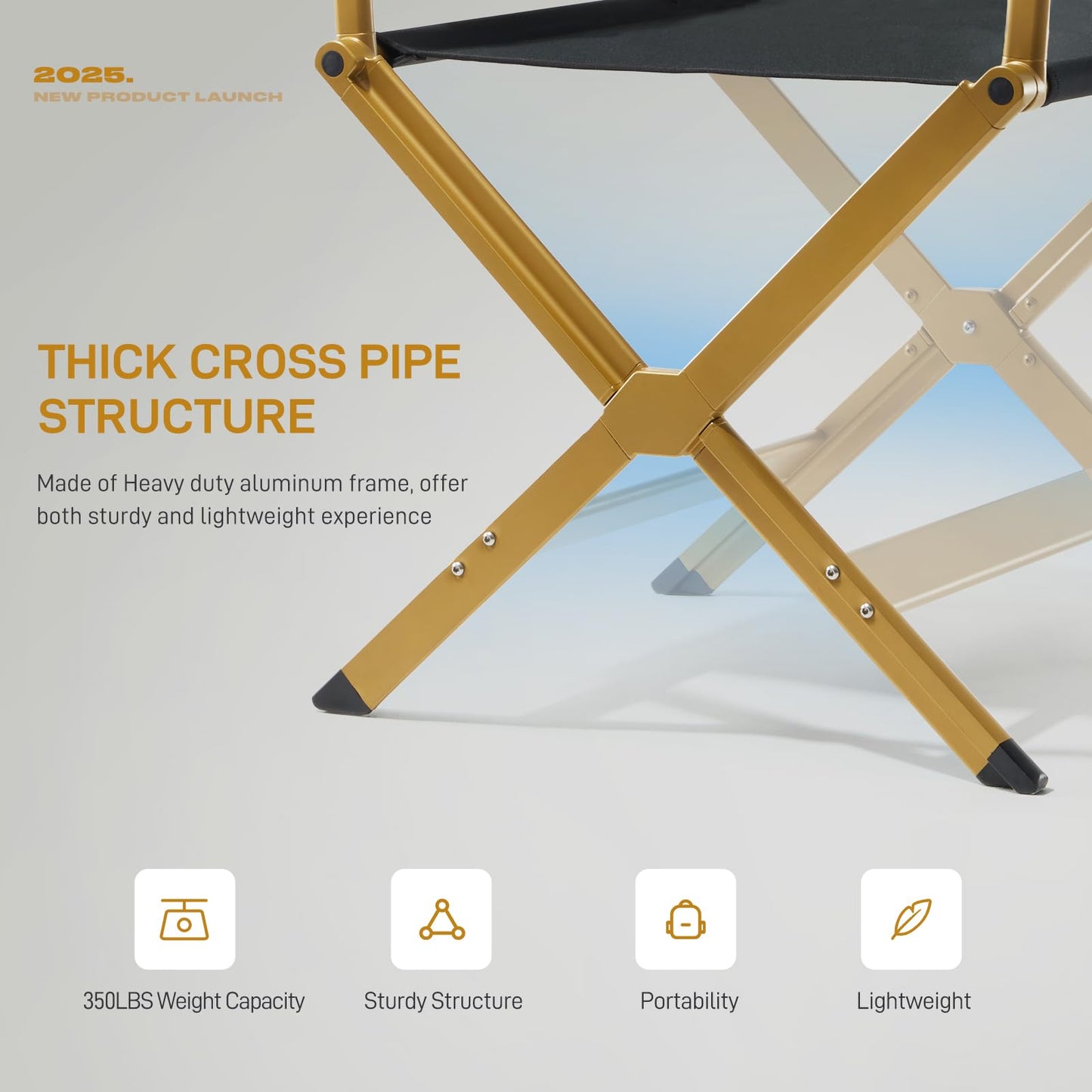 EVER ADVANCED Aluminum Directors Chair, Folding Studio Movie Chairs Camping Event Vendor Chair, 19" Seat Height Black Fabric/Golden Frame, Support 350lbs