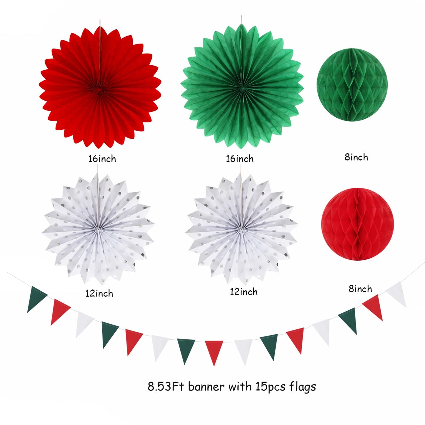 Red Green-White Christmas Party Decorations - 20pcs Mexican Italian Paper Lanterns Fans,Tissue Pom Poms,Honeycomb Balls,Bunting,Birthday Mexico Italy Baby Shower Wedding Decor Burgleda