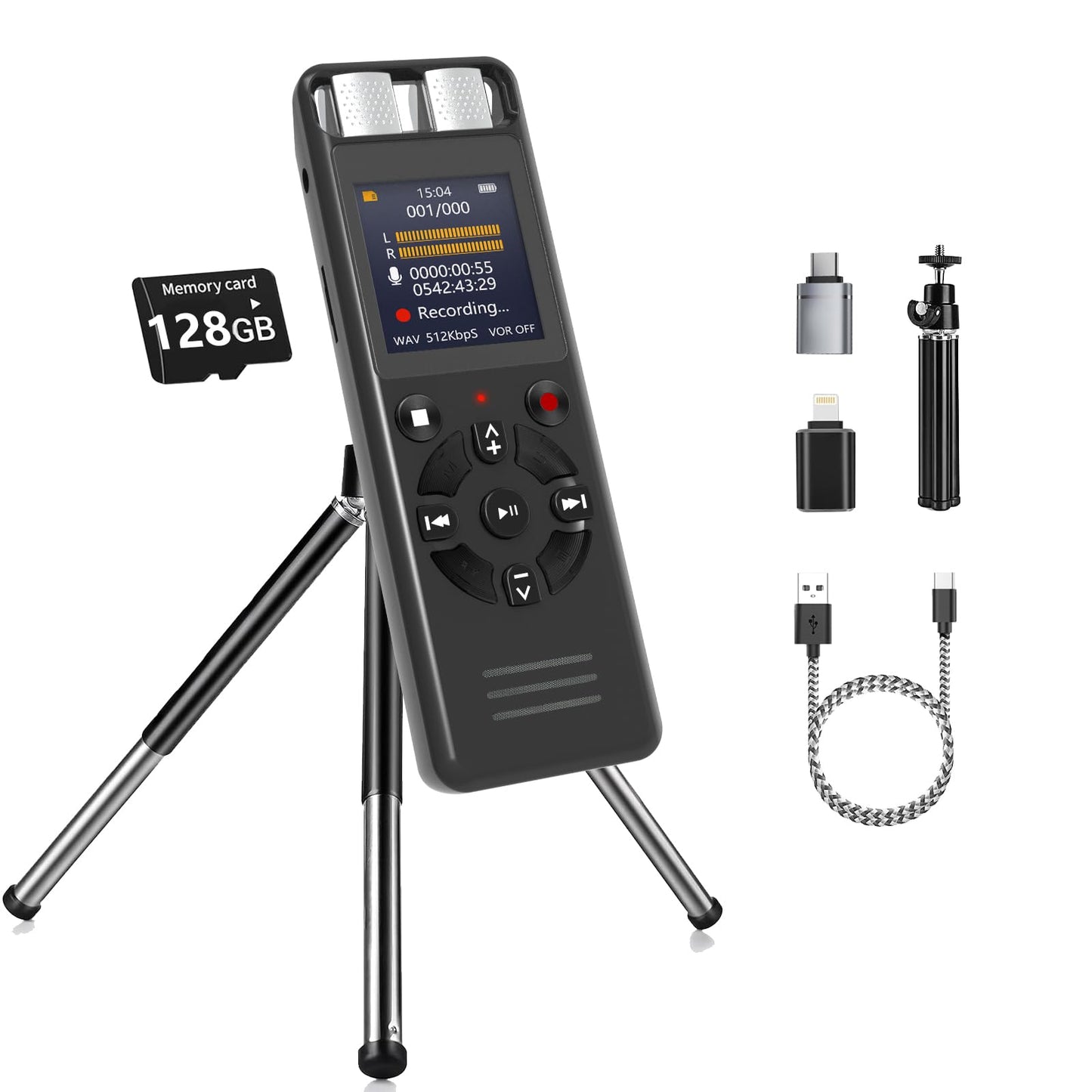 128GB Digital Voice Activated Recorder for Lectures&Meetings,Phone Connected via OTG,9280 Hours Audio Recorder with Tripod Stand,Recording Device with Playback,MP3 Player,Password,Variable Speed