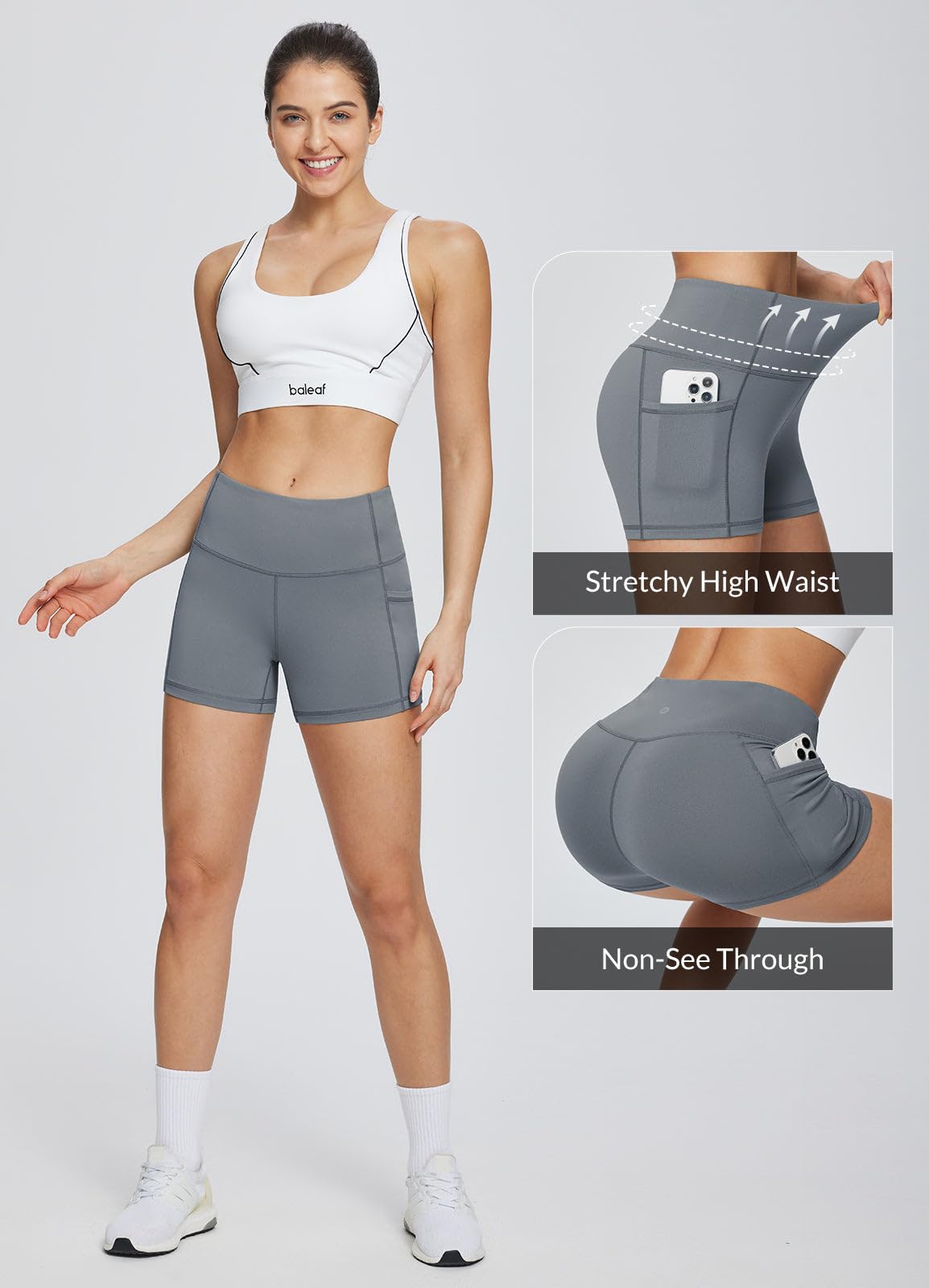 baleaf Biker Shorts Women Yoga Gym Workout Spandex Running Volleyball Tummy Control Compression with Pockets 3" Grey M