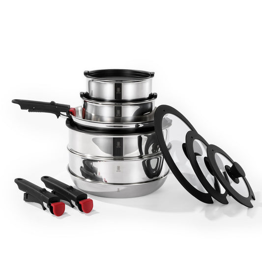 ROYDX 20pcs Pots and Pans Set, Stainless Steel Cookware Set Detachable Handle, Induction Kitchen Stackable RV Cookware Sets, (Camper, Boat, Small Kitchen), Dishwasher Safe&Oven Safe, PFOA Free, Silver