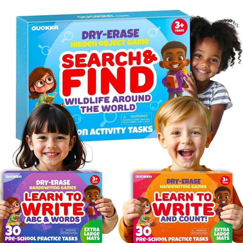 QUOKKA Busy Book Handwriting Practice for Kids - Search & Find - Activity Cards for Kids 3-8 – Reusable Mats with Dry-Erase Marker, Explore 20 Topics, Road Trip Activities, and Travel Games