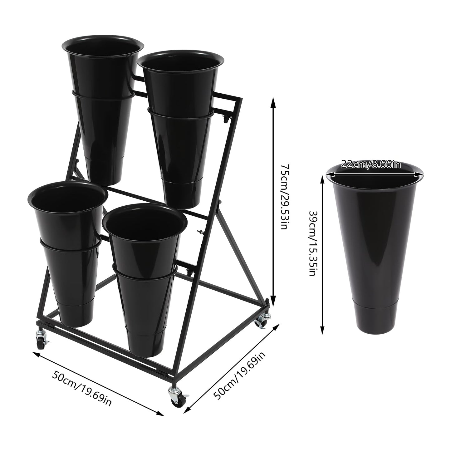 Nozue Flower Display Stand, with 4pcs Buckets, 2 Layers Metal Plant Stand with Wheels, Heavy Duty Detachable Plant Moving Cart Frame for Indoor, Living Room, Florist (Black- Black round bucket)