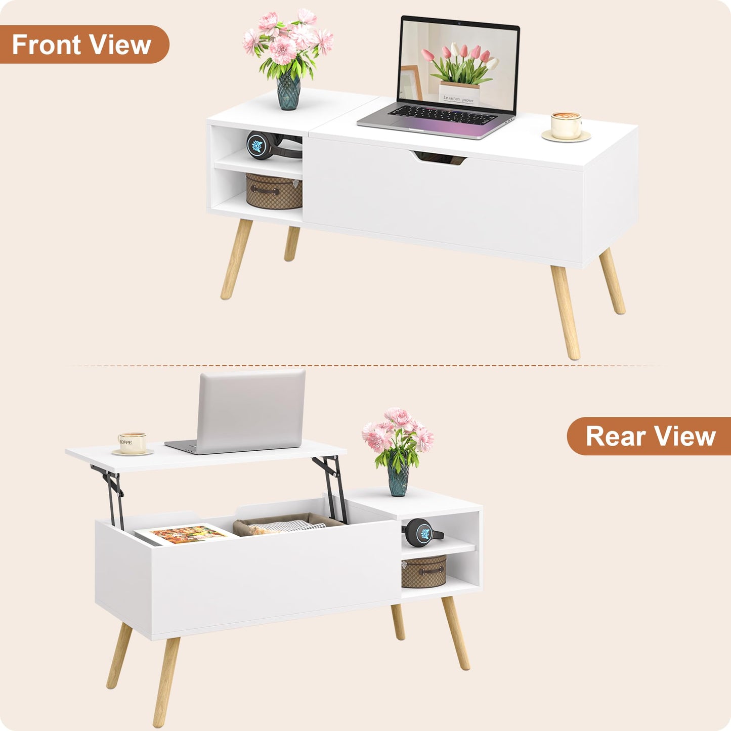 ALINE FURNITURE White Coffee Table Lift Top - Wood Coffee Table with Hidden Compartment Storage - 40" Pull Up Coffee Tables for Living Room