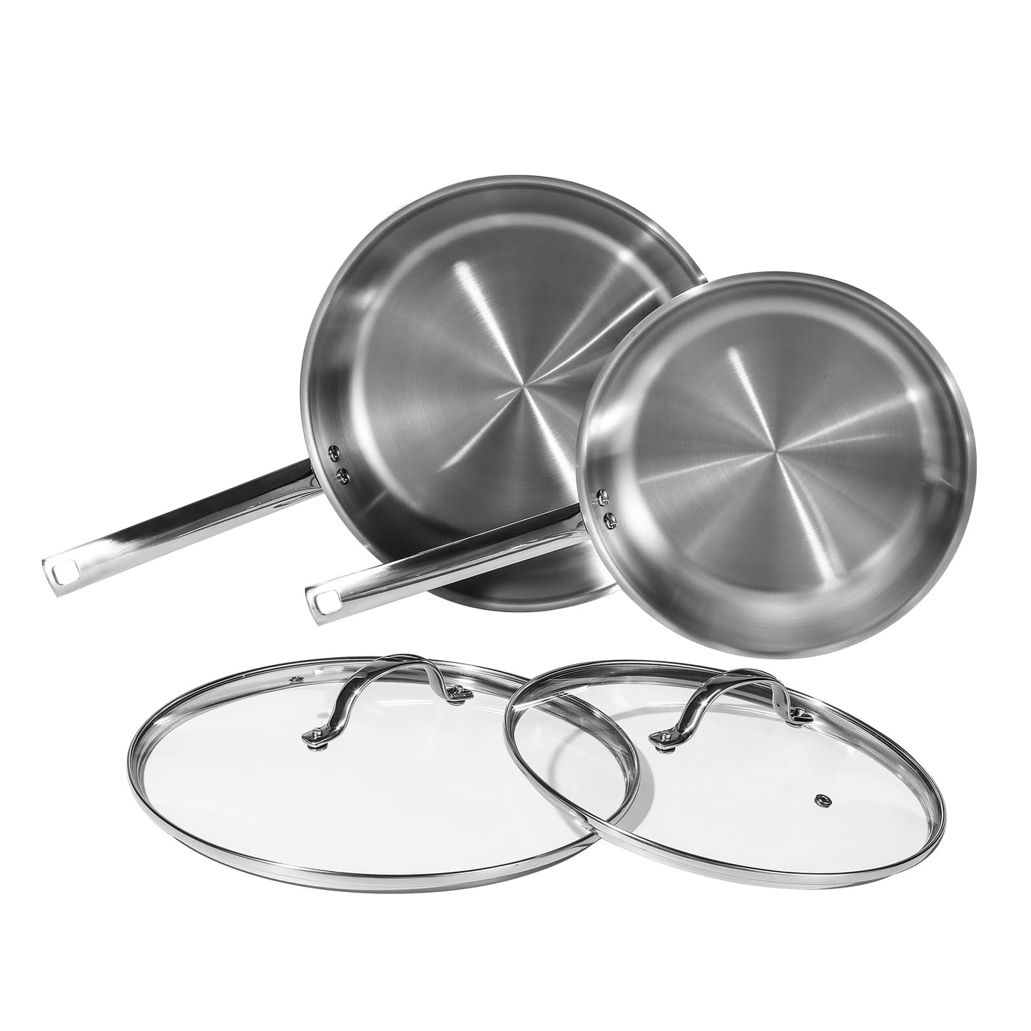 DELUXE Stainless Steel Frying Pan Set 4-Pieces, 10" and12 Skillet with Lid and Stay-Cool Handle, PFOA Free Stainless Steel Pan Suitable with Induction Gas Stoves, Dishwasher&Oven Safe