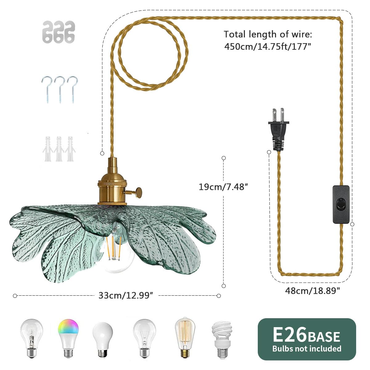 Plug In Hanging Light  Modern Brass Pendant Light Dark Green Glass Shade 14.75Ft Hanging Light With Plug In Cord Large Glass Pendant Light Plug In Pendant Lighting For Kitchen Living Dining Room