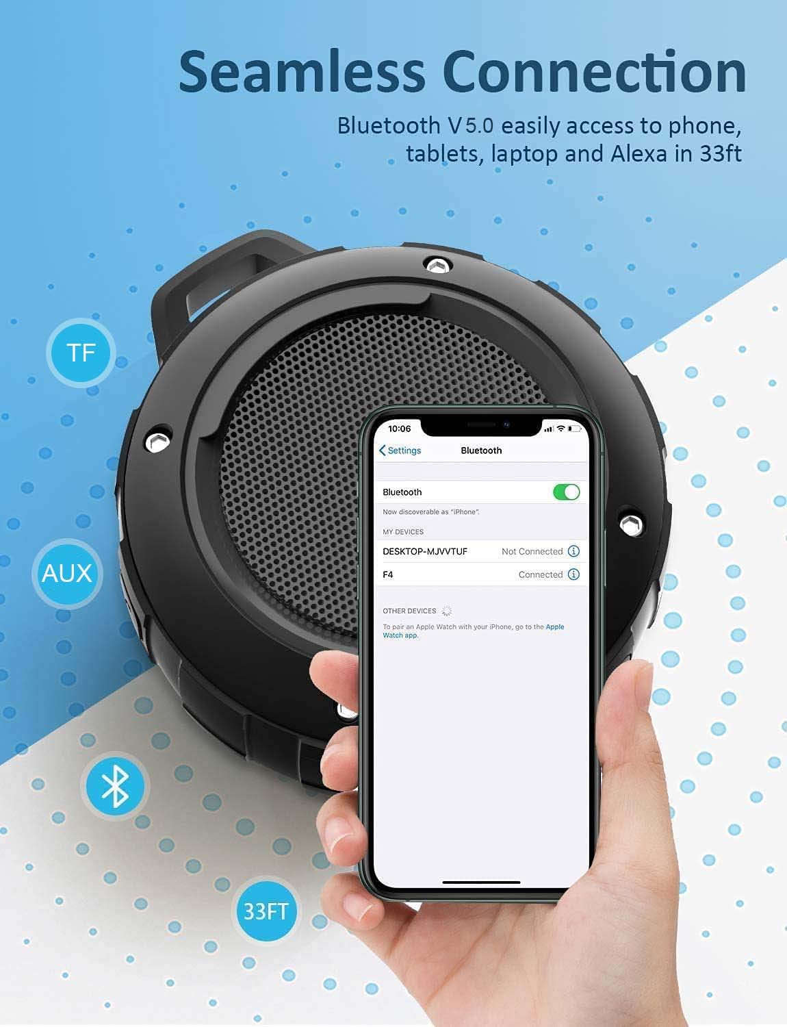 Kunodi Outdoor Waterproof Bluetooth Speaker, Wireless Portable Mini Shower Travel Speaker with Subwoofer, Enhanced Bass, Built in Mic for Sports, Pool, Beach, Hiking, Camping