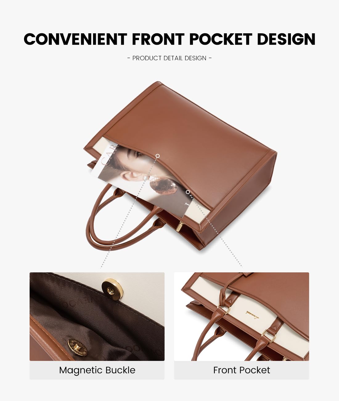 LOVEVOOK Laptop Tote Bag for Women, Leather Office Work Bag Briefcase fit for 15.6 inch Laptop, Large Teacher Computer Bag Handbag,2pcs Set Leather/Brown-White