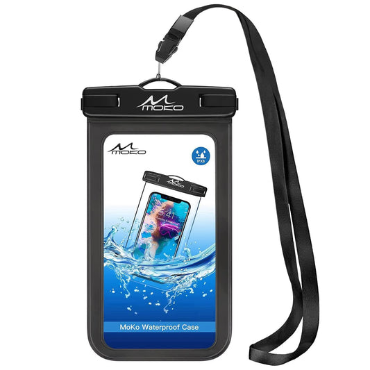MoKo Waterproof Phone Pouch Holder, Cellphone Case Dry Bag with Lanyard Armband Compatible with iPhone 14 13 12 11 Pro Max, Samsung S21/S20/S10, Black