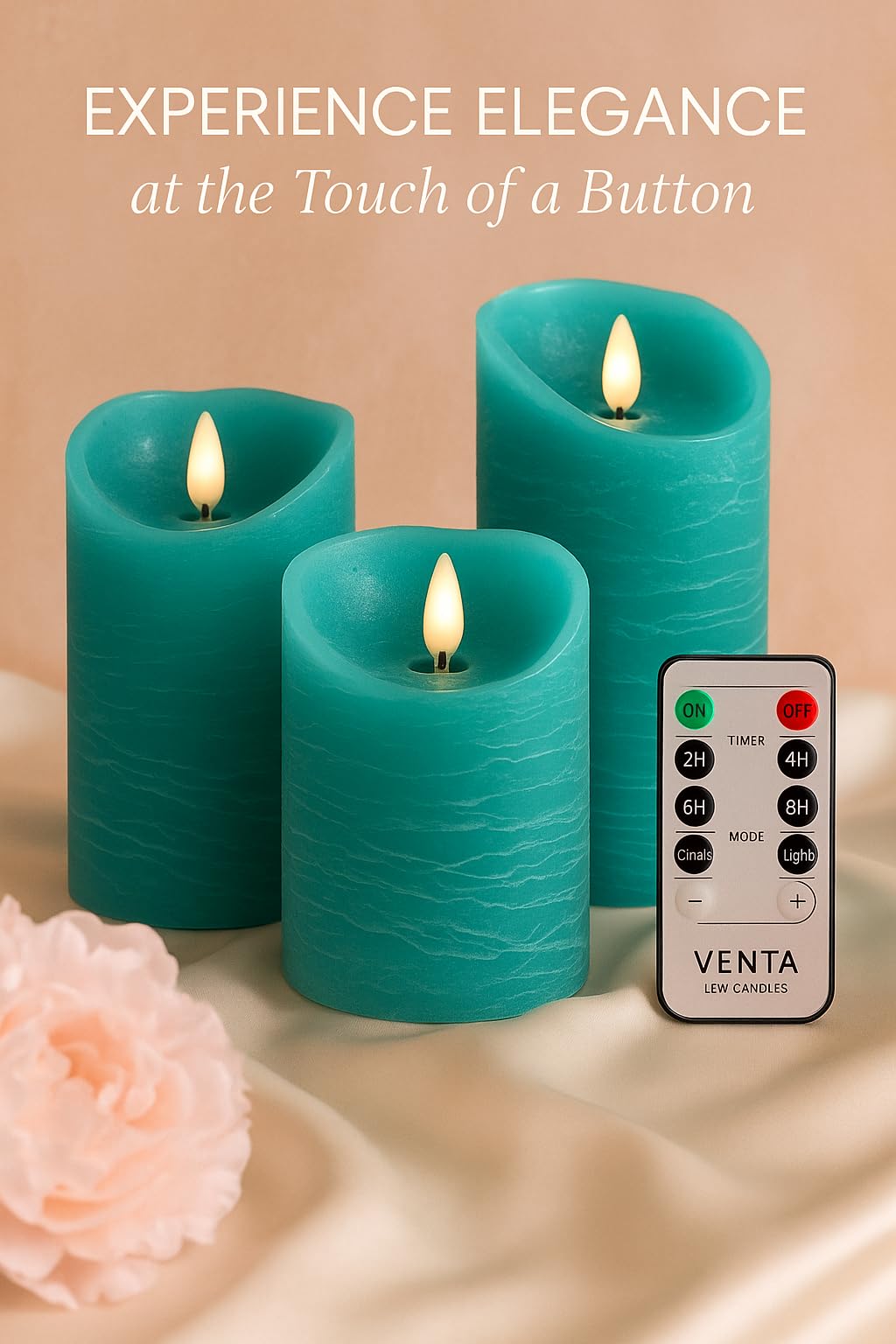 VENTA Flickering Flameless Candles with Remote Control - Led Candles Battery Operated - Battery Operated Candle for Decoration Table, Timer & Dimmer Features, Set - 3Pcs (4",5",6") (Turquoise)