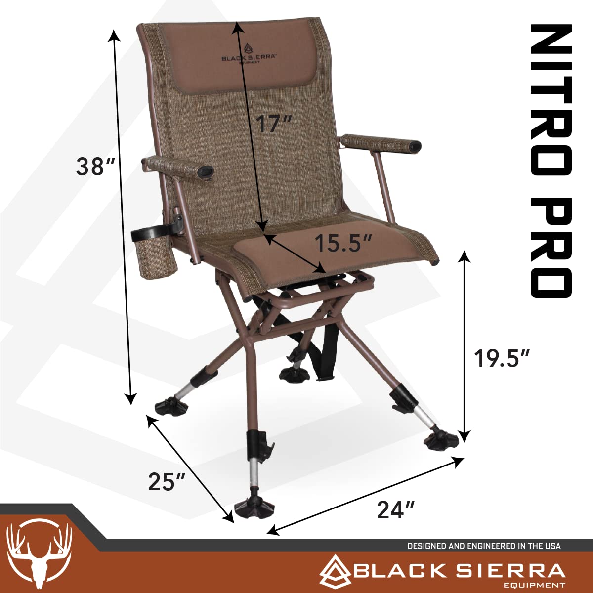 Black Sierra Heavy Duty Swivel Hunting & Camping Chair Supports 300 Lbs, XL 360° Silent Swivel for Hunting Blind, Portable Ground Chair w/All Terrain Feet, Padded Armrests w/Carry Strap and Cupholder