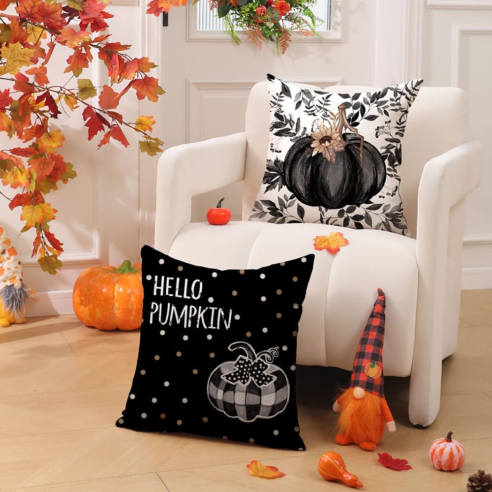 DFXSZ Fall Pillow Covers 18x18 inch Set of 4 Fall Decorational Various Styles of Pumpkin Fallen Leaves Decorative Black Autumn Outdoor Pillowcases Thanksgiving Decoration for Home Couch 211B18