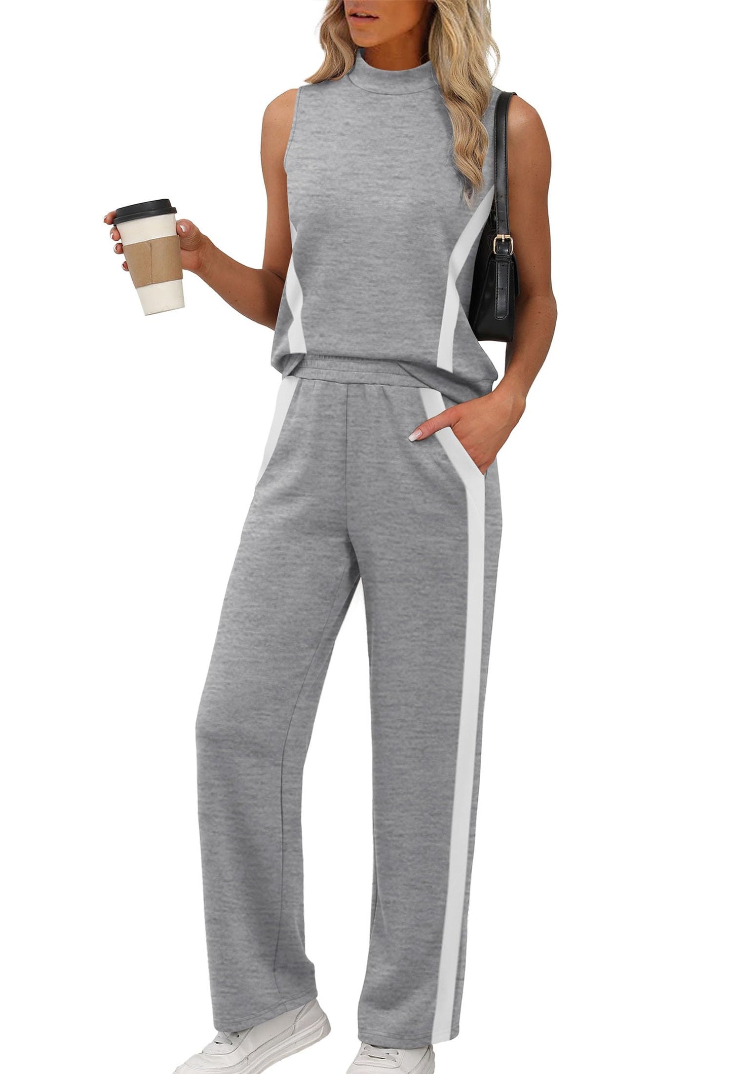 XIEERDUO Lounge Sets for Women Trendy 2 Piece Summer Outfits Beach Vacation Clothes Luxury Fashion Matching Set Travel Mock Neck Wide Leg Pants Grey XL