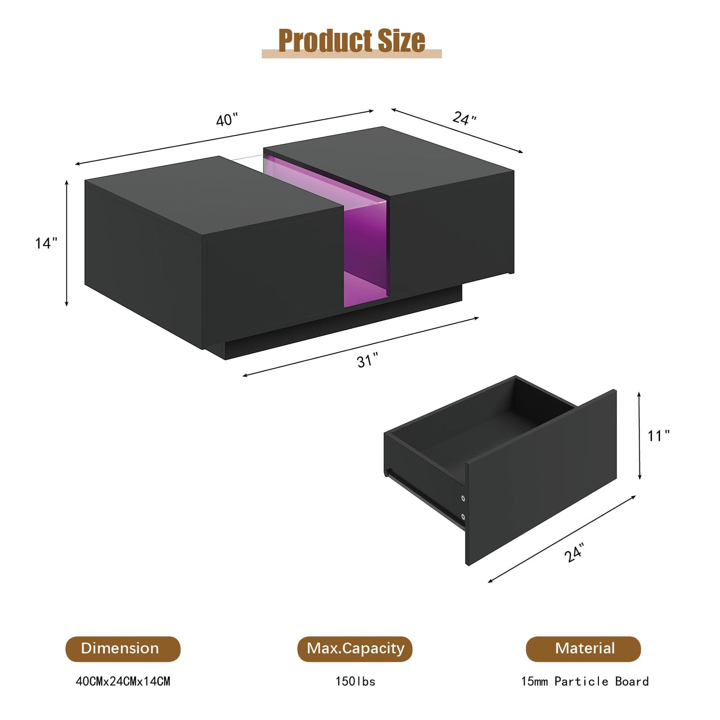 HedoAjim Black Led Coffee Table for Living Room, Rectangular Living Room Table with Storage, Acrylic Coffee Tables with 2 Sliding Drawers, Wood Center Table for Reception Dinning Room