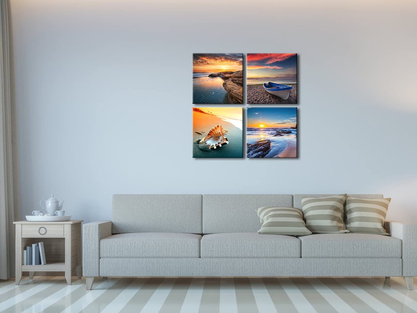 Pyradecor Sunset Sea Beach Modern Seascape Pictures Paintings on Canvas Wall Art 4 Panels Stretched Canvas Prints Artwork for Living Room Bedroom Home Office Decorations