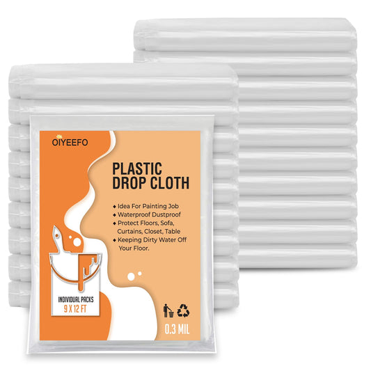 Oiyeefo 20 Pcs Plastic Sheeting Drop Cloths for Painting, 9x12ft Plastic Tarp Waterproof Dustproof Almost Tear Resistance Multi-Purpose Furniture Cover Floor Wall Protection Film