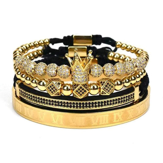 WFYOU Imperial Crown Bracelet for Men & Women, 18kt Gold Bangle, Cubic Zirconia Beads, Cross Charm, Luxury Gift (Gold-Large)