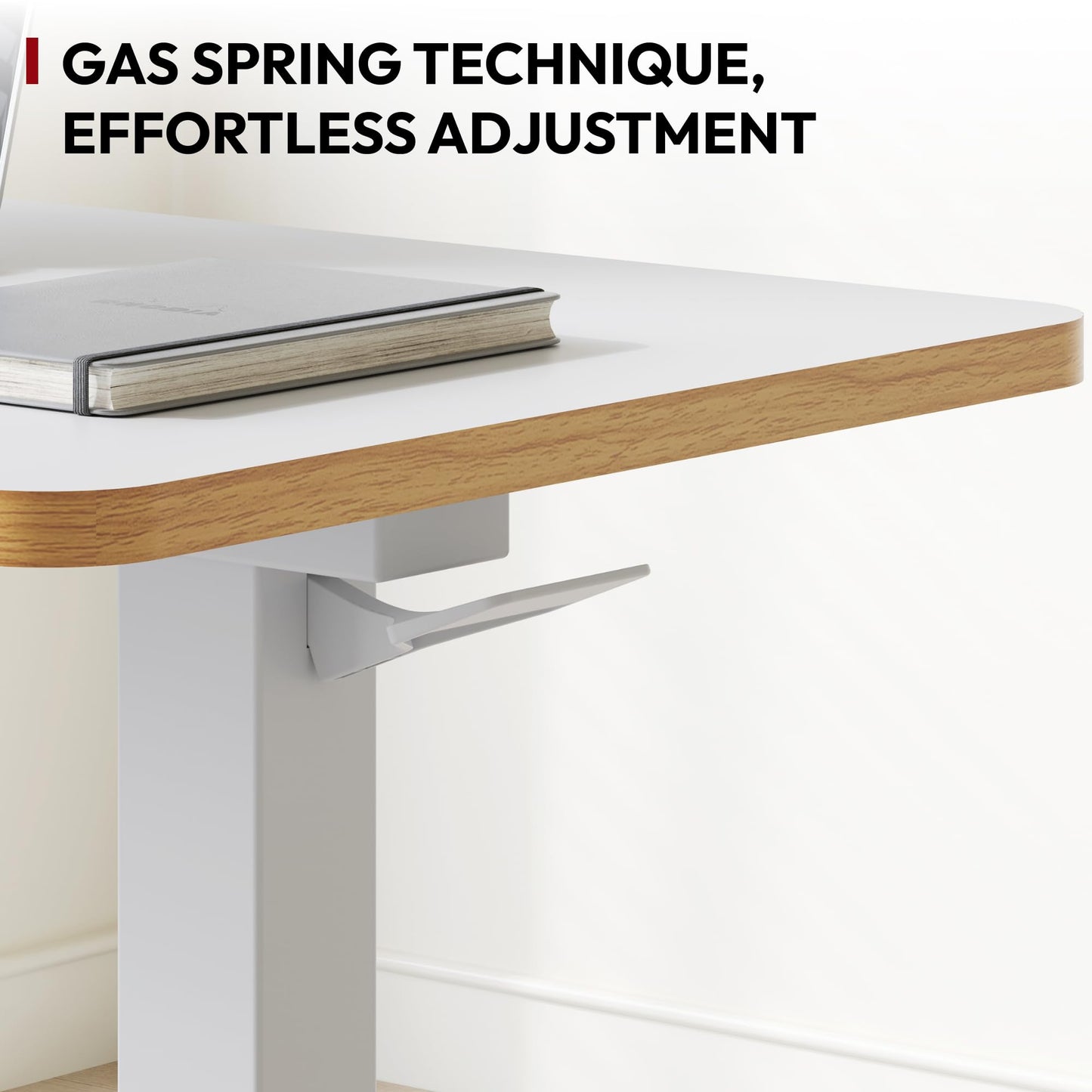 SANODESK Medical Adjustable Overbed Bedside Table with Hidden Casters, Pneumatic Mobile Laptop Computer Standing Desk Cart with Tray, Hospital and Home Use(27.6" W x 15.7" D, White)