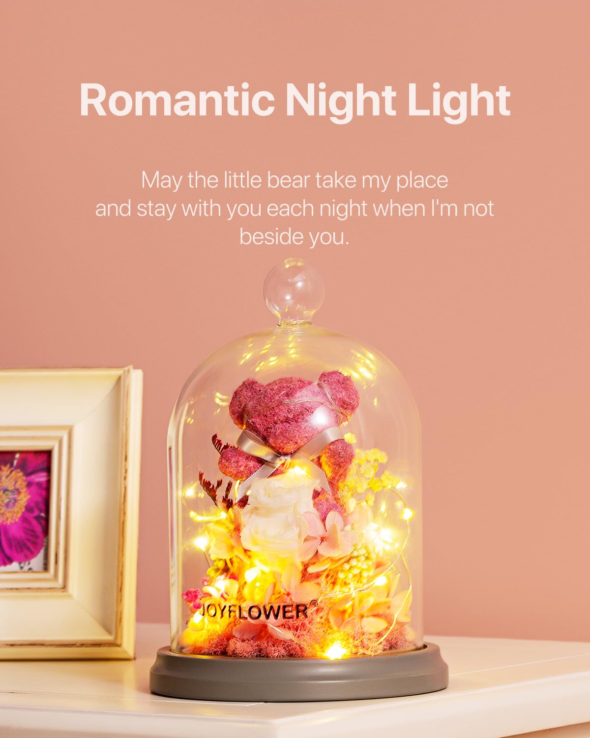JoyFlower Preserved Flowers in Glass Gifts for Women, Pink Eternal Rose Bear Gift, Preserved Rose Forever Flowers in Glass Dome for Mom Wife Girlfriend on Birthday Anniversary Mother's Valentine's Day