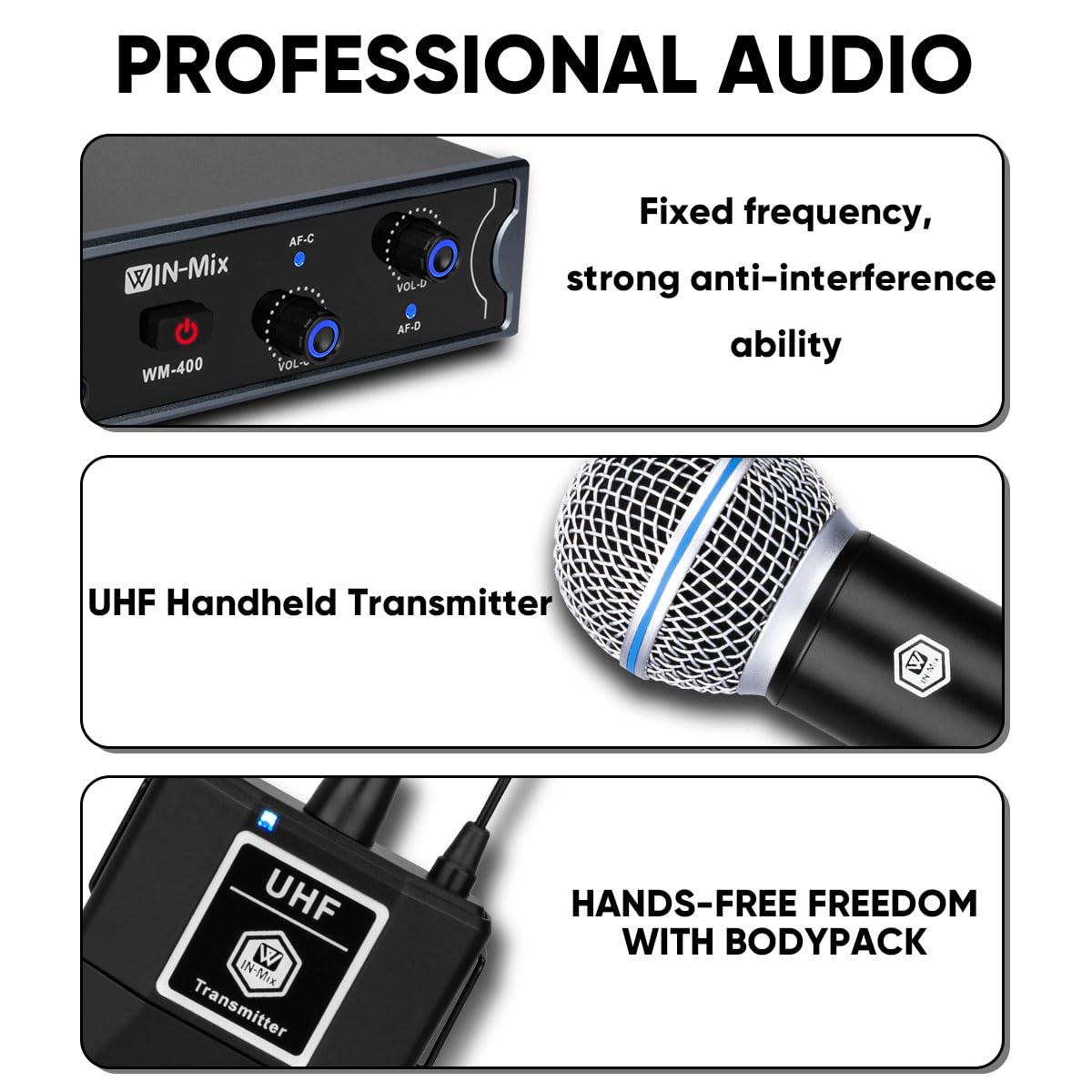 W IN-MIX Wireless Microphone System - Professional 4 UHF Mic Set with Fixed Frequency, 260ft Long Range, Crystal Clear Sound for Singing, Karaoke, Church, Includes 4 Bodypack Mics