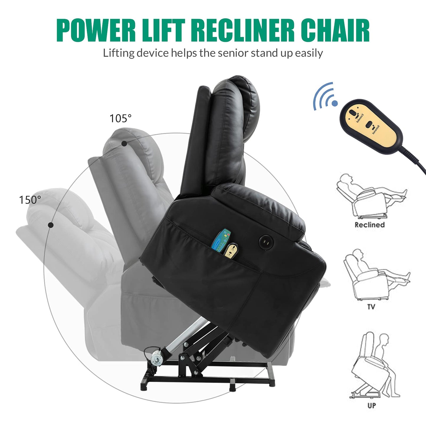 VIVIJASON Power Lift Chair Electric Recliner for Elderly Heated Vibration Massage Faux Leather Recliner Chair with 2 Remote Controls, Cup Holders, Side Pockets & USB Ports for Living Room (Black)