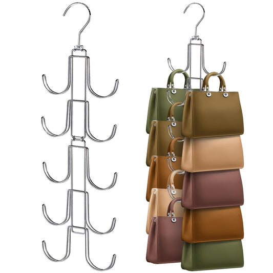 Purse Organizer for Closet, Upgraded Purse Hanger with 10 Big Hooks, 360 Degree Rotation for Better Organizer&Display, Collapsible Space Saving Hangers Rack for Handbag, Belt, Scarve, Tie