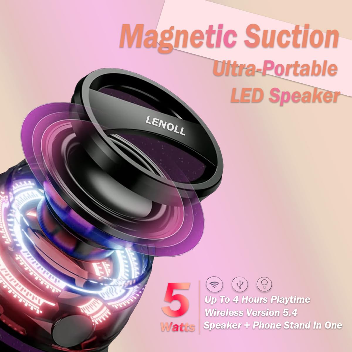 LENOLL Wireless Portable Bluetooth Speakers Magnetic Phone Stand for PC iPhone Android, Small Portable Speaker with RGB for Camping, Party, Desk. 1 Black Wireless Speaker
