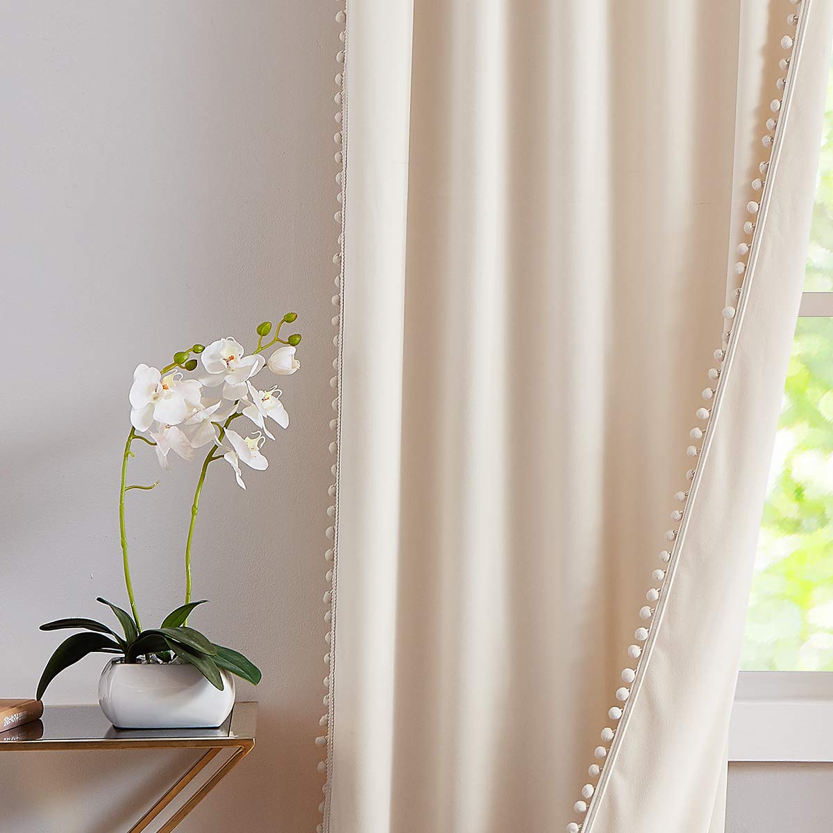 Pom-Pom Cream Velvet Curtains for Living Room 63inch Length Luxury Heavy Ivory Window Drapery for Bedroom Kids Children Room Rod Pocket 42" w x 2Panels