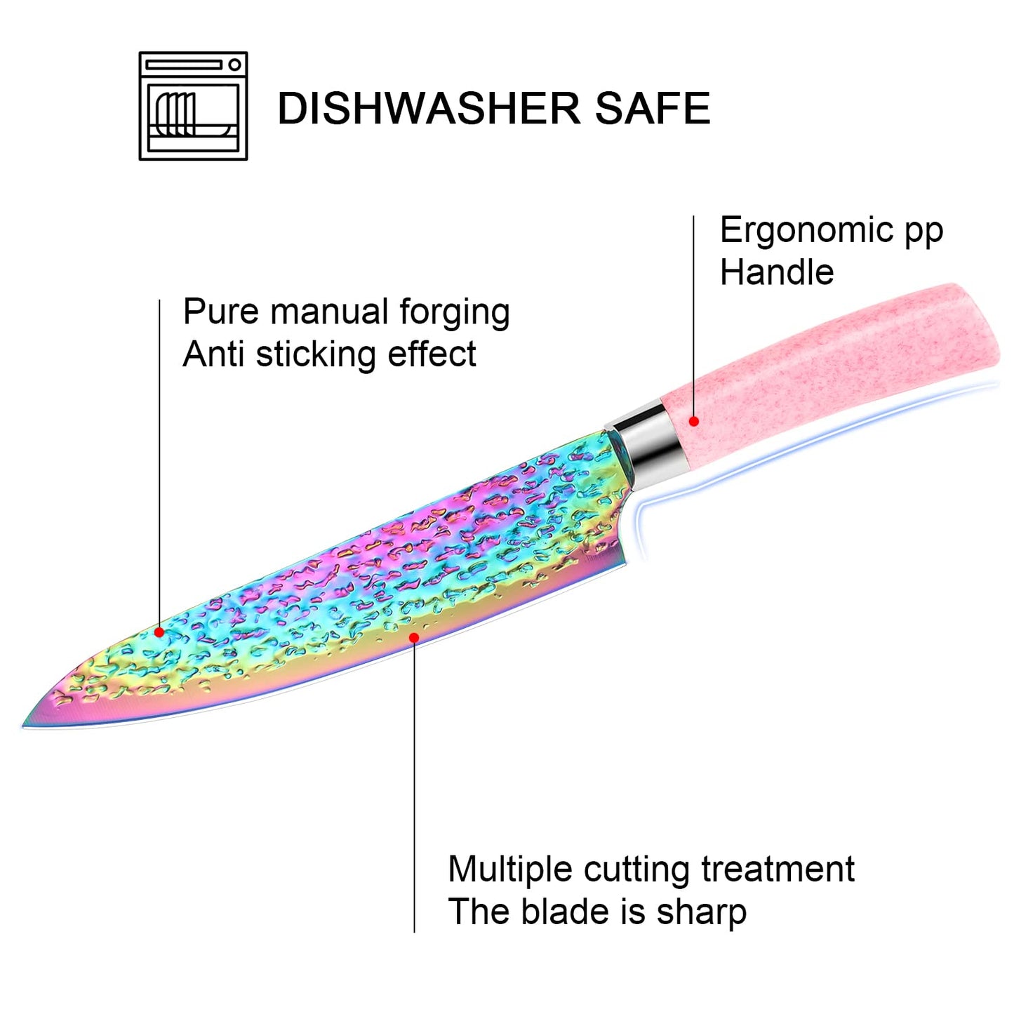 Rainbow Titanium Knife Set, Non Stick Thick and Sharp Stainless Steel 15 Pcs Cutlery Kitchen Knives Set with Acrylic Block, Chef Quality for Home & Pro Use, Best Gift, Pink Color