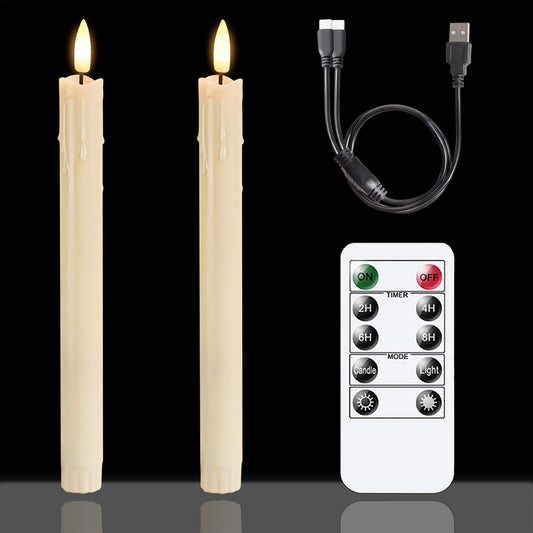 Zevanor Rechargeable Flameless Timer Remote Taper Candles, 2pcs 0.86" x10" LED Flickering Dripping Wax Window Tall Fake Ivory Plastic Candlesticks(USB Charging Cable Included)