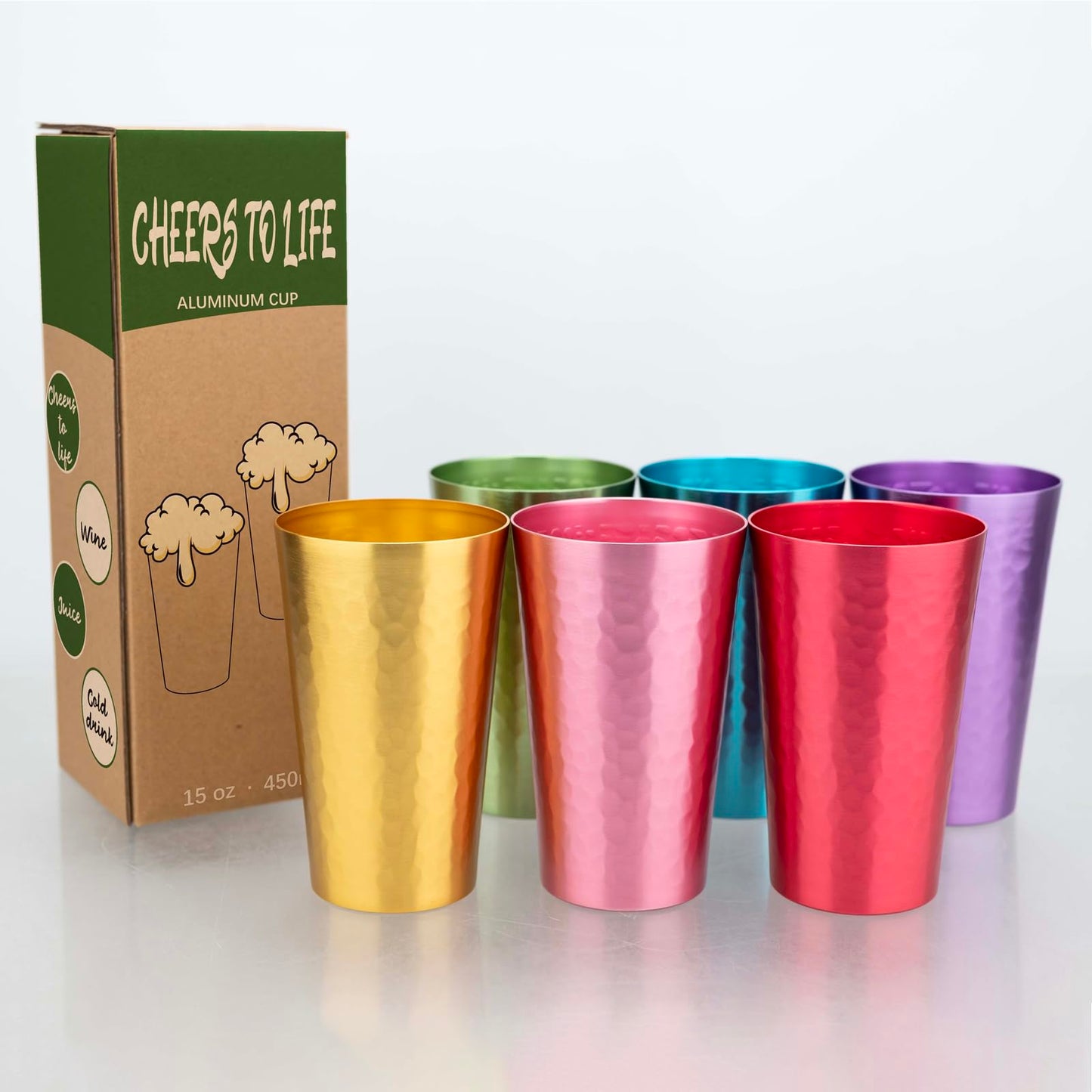 TJ Aluminum Metal Cups, Metal Anodized Multi-Colored Red, Purple, Pink, Blue, Green, Gold Party Cup Set, Aluminum Drinking Cups, Set of 6, 15 oz