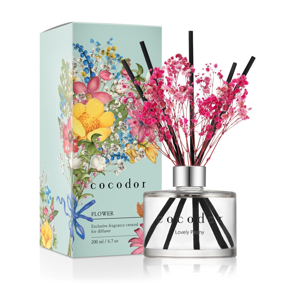 COCODOR Flower Reed Diffuser Set / 6.7oz / Lovely Peony/Scent Diffuser with Sticks Home Fragrance Reed Diffuser for Bathroom Shelf Decor