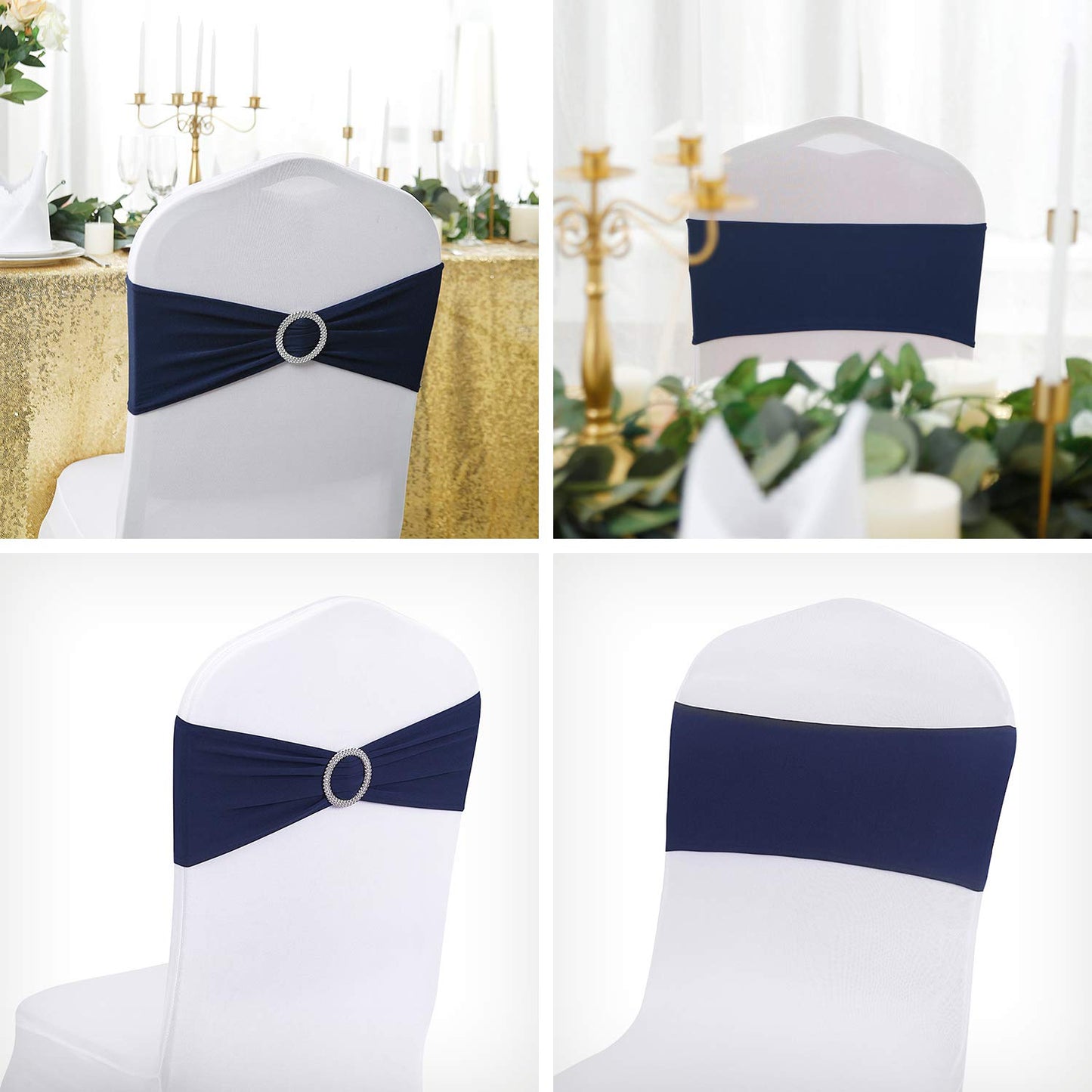 Peomeise 100pcs Navy Spandex Chair Sashes with Buckle Slider for Wedding, Party Decoration