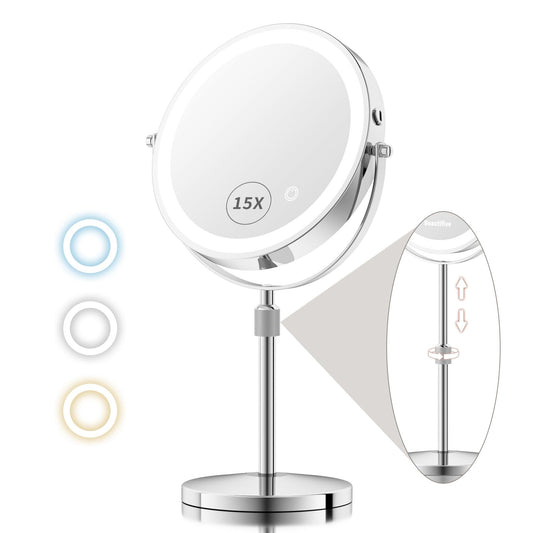 8” Lighted Makeup Mirror with Magnification, 15X/1X Rechargeable Magnifying Mirror with Lights, Stepless Dimming Light Up Desk Mirror with Adjustable Height, 360° Rotation Vanity Makeup Mirror