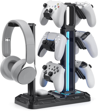 KDD RGB Multi-Controller Holder with 9 Light Modes - Rotatable Universal Headphone Hanger - Controller Stand with 6 Detachable Hooks for Desktop Gamer Accessories