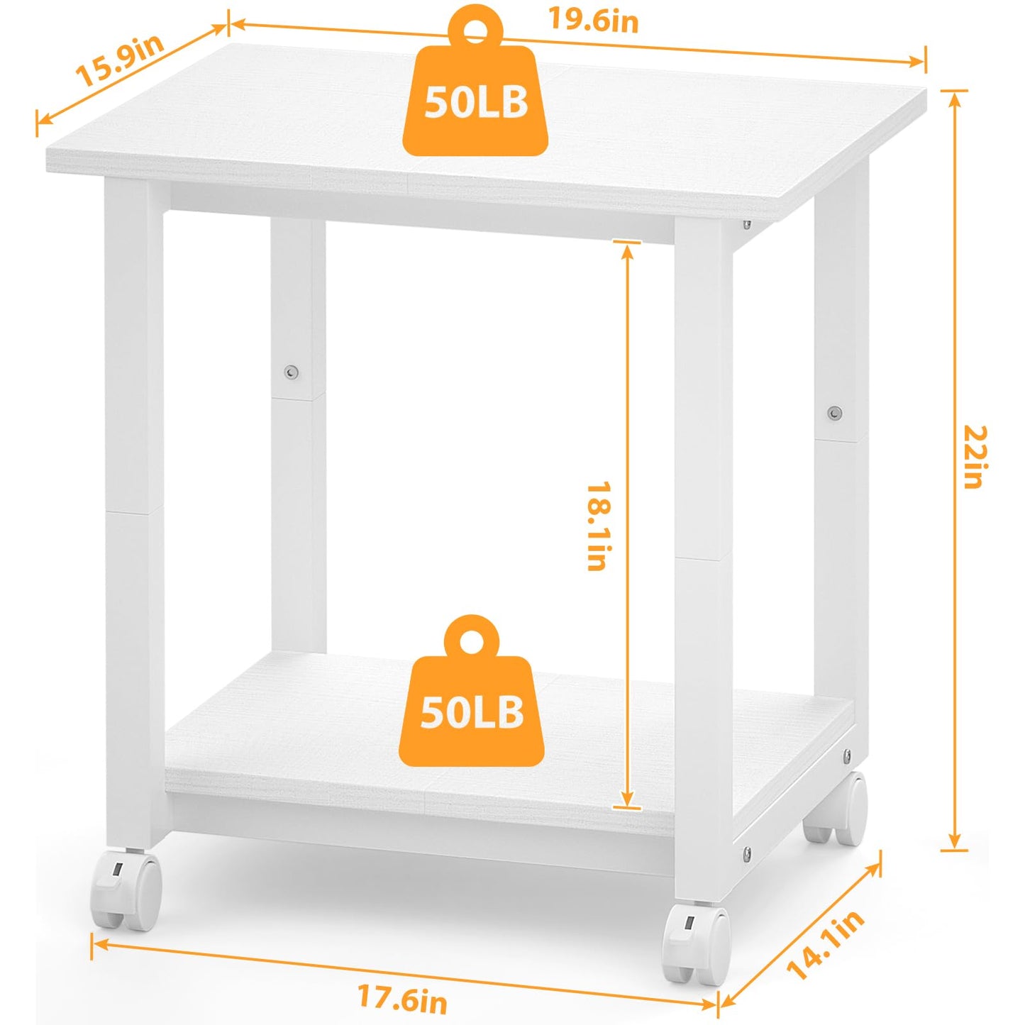 ITHWIU Under Desk Printer Stand, 2-Tier 19.5''x 16''x 22'' Rolling Printer Stand Storage Shelves for Printer, Scanner, Fax Machine, Files, Books with Anti-Skid Feet for Home, Office, White