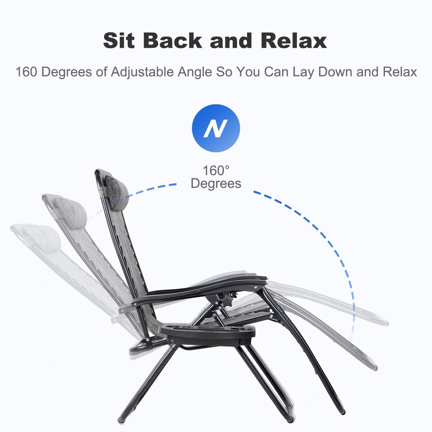 Nazhura Set of 2 Relaxing Recliners Patio Chairs Adjustable Steel Mesh Zero Gravity Lounge Chair Beach Chairs with Pillow and Cup Holder(Grey)