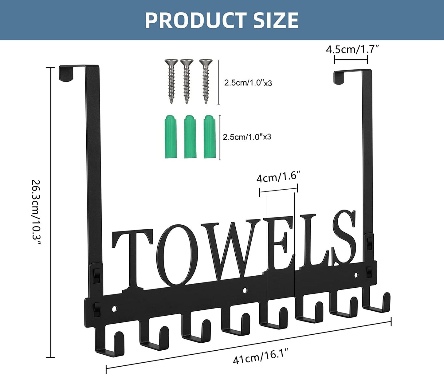 Azmoncy Over The Door Hooks, Towel Rack for Bathroom Towel Holder for Hanging Heavy Duty, Wall Mount Towel Hanger with 8 Hooks for Bedroom Bathroom Pool Kitchen Towels, Bag, Coats, Black