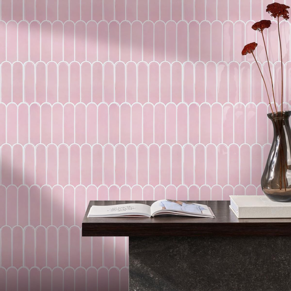 Commomy Thicker Pink Peel and Stick Backsplash - 10 pcs of 12" x 12" - 3D Adhesive Peel and Stick Tiles Backsplash for Kitchen, Bathroom, Removable, Waterproof, Vinyl Wall Tile