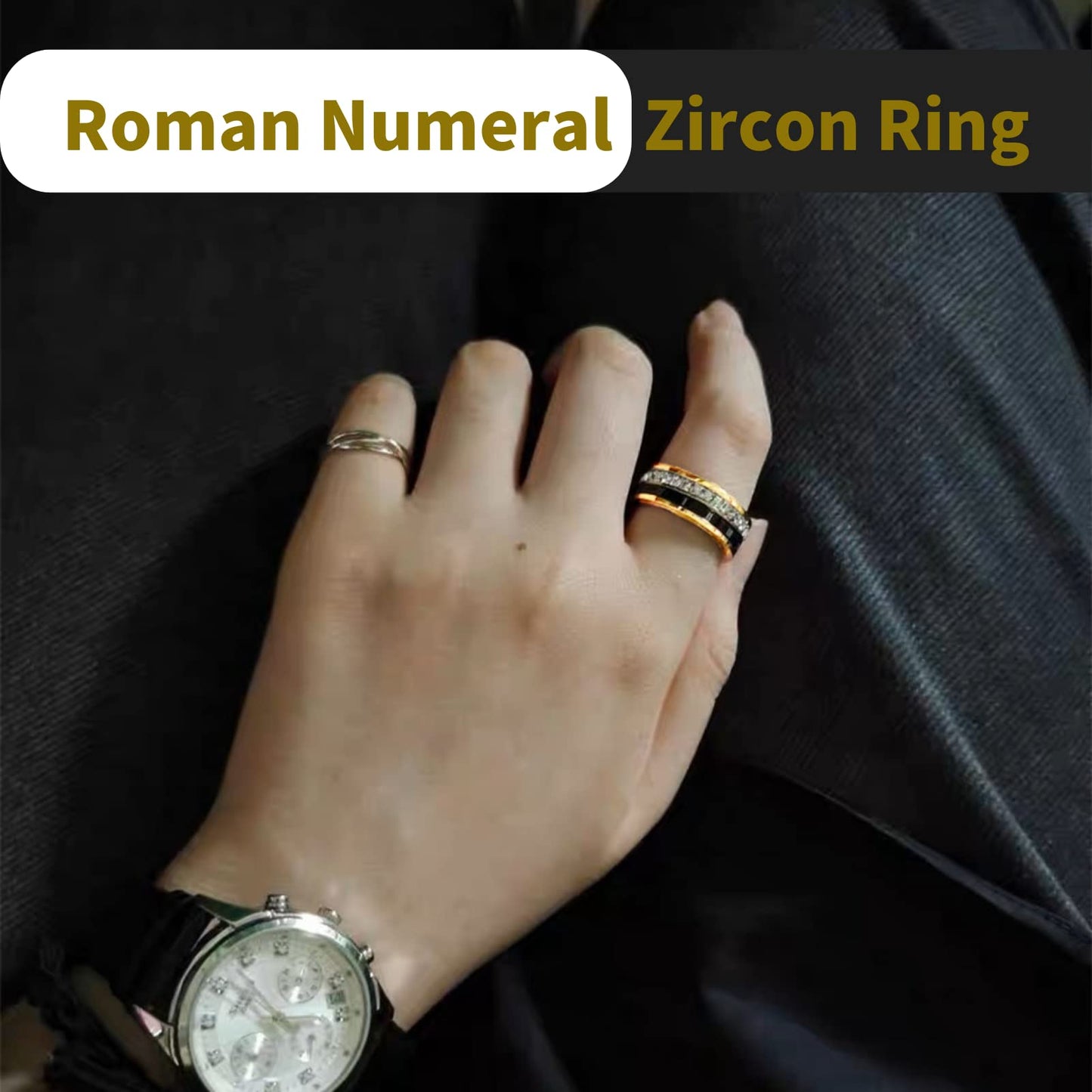 18K Gold Plated Roman Numeral Cubic Zirconia Ring for Men, Square CZ Gold Rings for Men, Spinner Silver Mens Rings Stainless Steel Size 5-13 (Gold Zirconia Ring, 9)