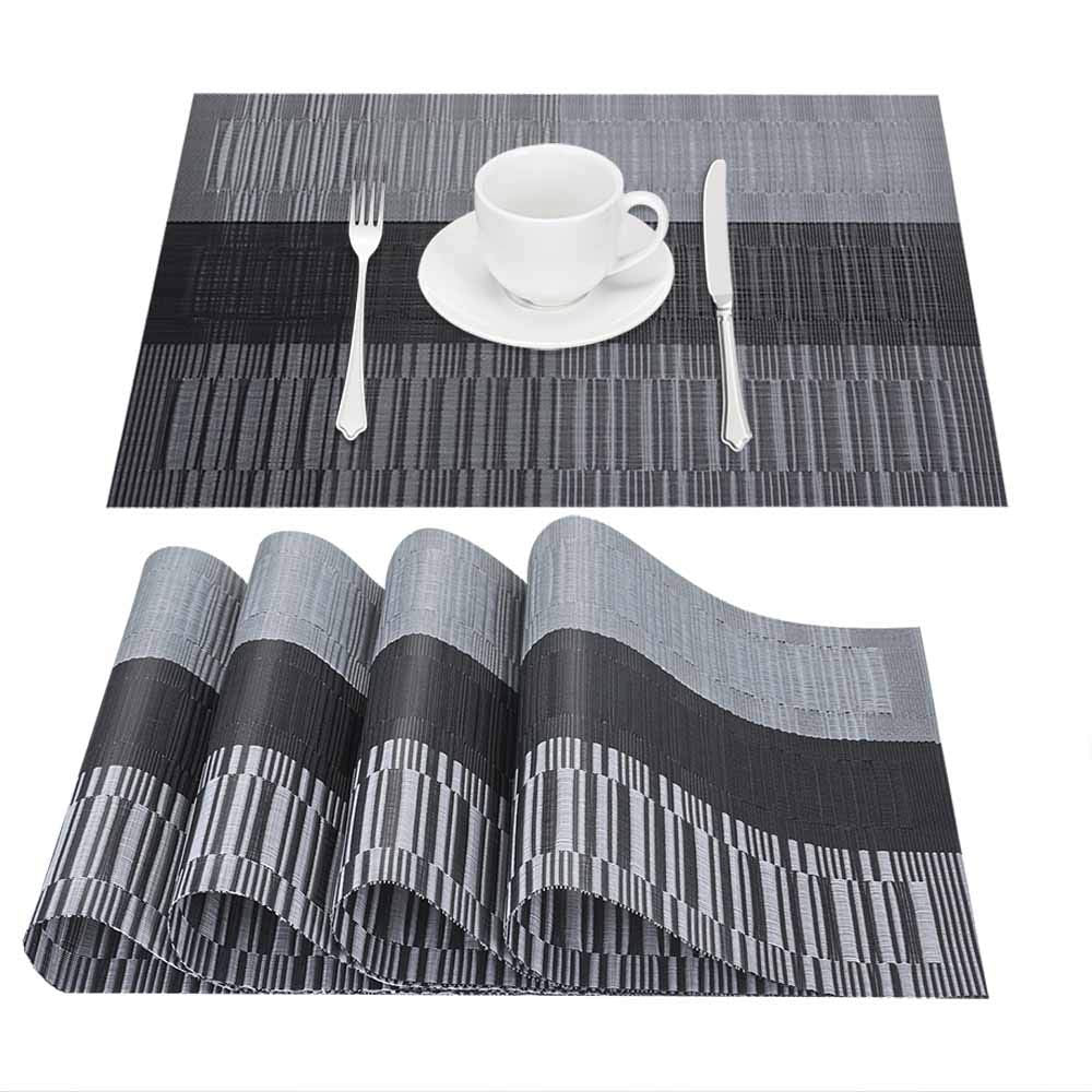 GIVERARE Placemats Set of 4, Heat-Resistant Woven Vinyl Placemat, Non-Slip Washable PVC Table Mat, Easy to Clean Premium Plastic Mats for Dining, Kitchen Table (Black+Gray)