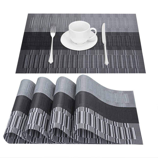 GIVERARE Placemats Set of 4, Heat-Resistant Woven Vinyl Placemat, Non-Slip Washable PVC Table Mat, Easy to Clean Premium Plastic Mats for Dining, Kitchen Table (Black+Gray)
